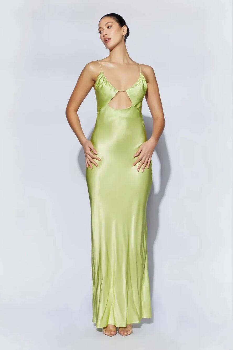 MESHKI Sadie Pistachio Green Satin Maxi Dress Halter Ruched Slip Size Large
